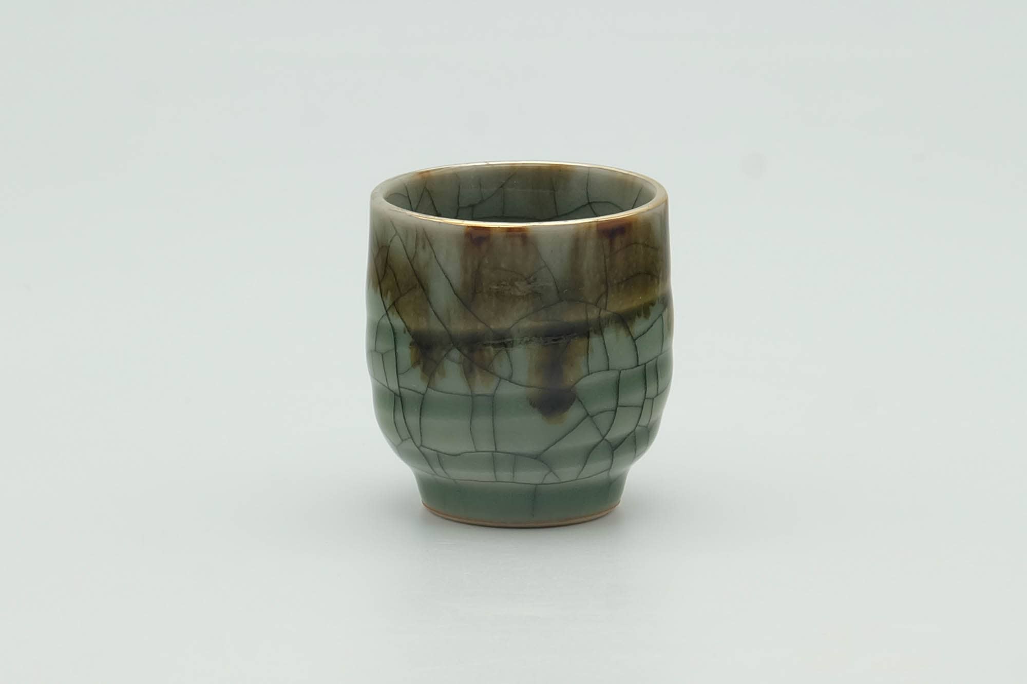 Japanese Teacup - Brown Drip-Glazed Crazed Green Celadon Obori Soma-yaki Guinomi - 40ml