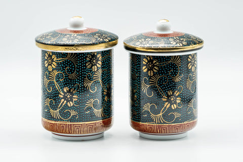 Japanese Teacups - Pair of 九谷焼 Floral Aochibu Kutani-yaki Porcelain Lidded Meoto Yunomi