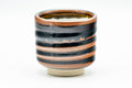Japanese Tea Set - Set of 5 Uniquely Glazed Shigaraki-yaki Guinomi - 50ml - single dark blue striped glazed teacup, front view