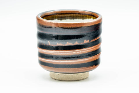 Japanese Tea Set - Set of 5 Uniquely Glazed Shigaraki-yaki Guinomi - 50ml - single dark blue striped glazed teacup, front view