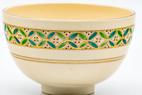 Japanese Matcha Bowl - Beige Gold Geometric Kyo-yaki Chawan - 250ml
