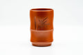 Japanese Teacup - Jinshu Itoh Bamboo-Shaped Red Shudei Tokoname-yaki Yunomi - 160ml - front view showing carved bamboo-leaf motif