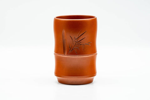 Japanese Teacup - Jinshu Itoh Bamboo-Shaped Red Shudei Tokoname-yaki Yunomi - 160ml - front view showing carved bamboo-leaf motif