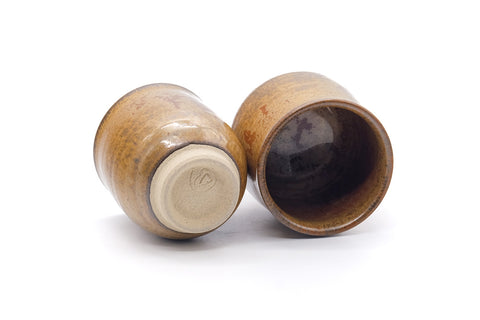 Japanese Teacups - Pair of Yellow Red Glazed Meoto Yunomi