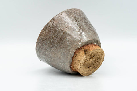 Japanese Teacup - Milky Grey Glazed Hagi-yaki Yunomi - 125ml - cup on its side showing the unglazed foot