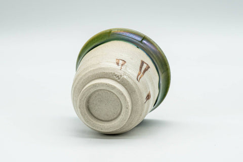 Japanese Teacup - Beige Green Drip-Glazed Geometric Oribe-yaki Yunomi - 70ml - angled view showing the base and footring