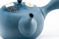 Mogake Seaweed Blue Tokoname Teapot - 200ml - closeup showing the mogake seaweed-fired reddish streaks on the blue body