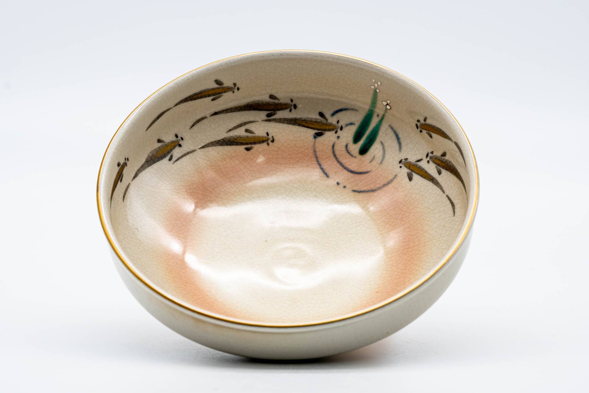 Japanese Matcha Bowl - Beige Gold Floral Kyo-yaki Hira-gata Chawan - 200ml