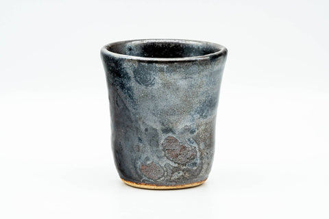 Japanese Teacup - Abstract Metallic Black Glazed Yunomi - side angle view