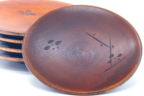 Japanese Chataku - Set of 5 Plum Blossom Engraved Wooden Plates