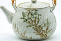 Tezumi — Japanese Tea Set - Beige Speckled Floral Kiyomizu-yaki Dobin Teapot with 5 Yunomi Teacups — the teapot and cups arranged together