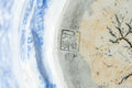 Japanese Mizusashi - Blue Kanji Mountainous Porcelain Fresh Water Container - 1100ml - close-up of the base with maker's mark