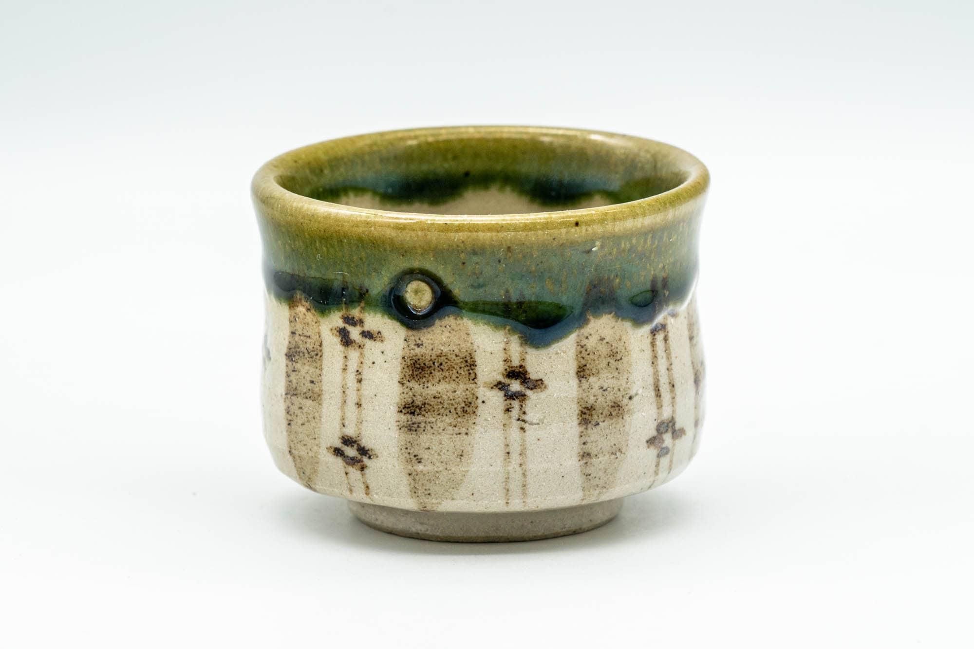 Japanese Teacup - Floral Green Drip-Glazed Oribe-yaki Guinomi - 50ml