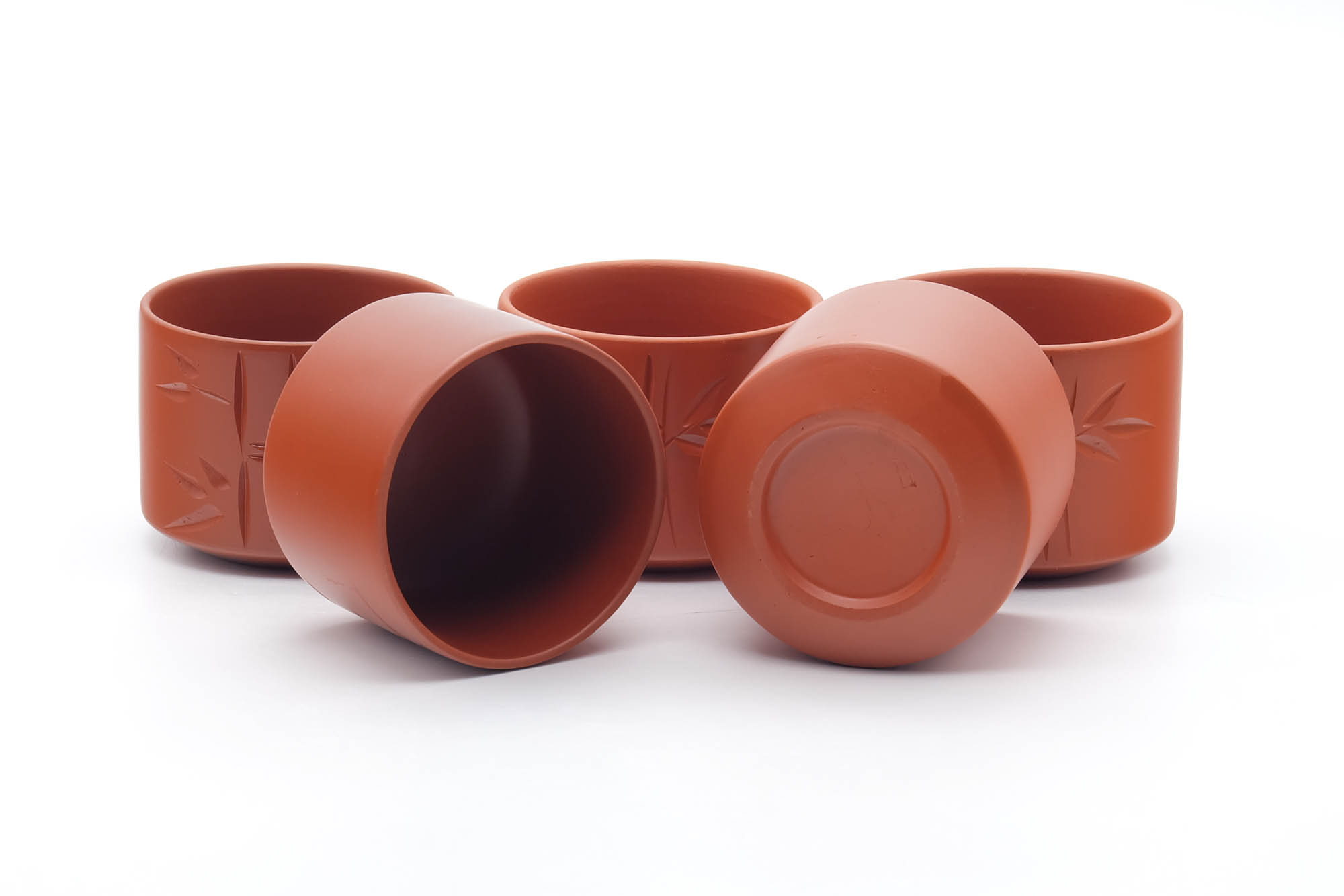 Japanese Tea Set - Bamboo Engraved Tokoname-yaki Kyusu Teapot with 5 Yunomi Teacups