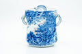 Japanese Mizusashi - Blue Kanji Mountainous Porcelain Fresh Water Container - 1100ml - angled view showing the painted landscape