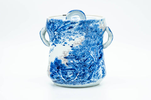 Japanese Mizusashi - Blue Kanji Mountainous Porcelain Fresh Water Container - 1100ml - angled view showing the painted landscape