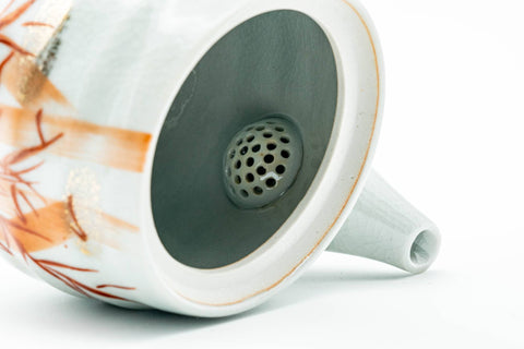 Japanese Kyusu - Red Bamboo Motif Kutani-yaki Porcelain Teapot - 370ml - interior view with the lid removed, showing the perforated ceramic filter near the spout