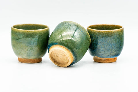 Japanese Teacups - Set of 3 Green Celadon Glazed Guinomi - 40ml