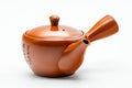 Japanese Kyusu - Calligraphy Engraved Tokoname-yaki Mesh Teapot - 275ml - three-quarter front view showing the lid knob and side handle