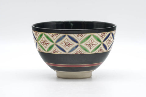 Japanese Matcha Bowl - Geometric Black Glazed Kyo-yaki Chawan - 200ml