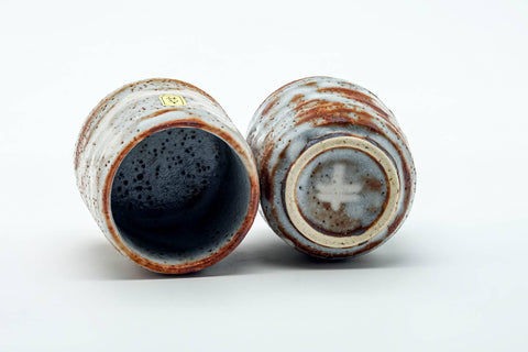 Tezumi — Japanese Teacups - Pair of Blue Orange Shino-Glazed Meoto Yunomi — three-quarter view