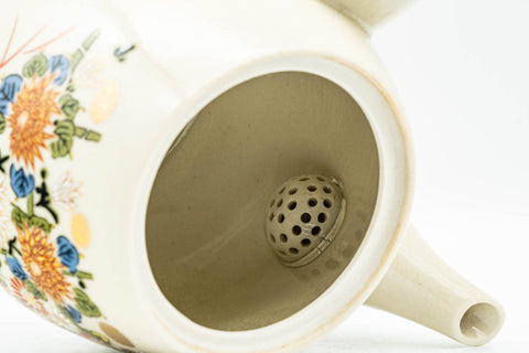 Japanese Kyusu - Beige Porcelain Red Floral Kutani-yaki Debeso Teapot - 500ml