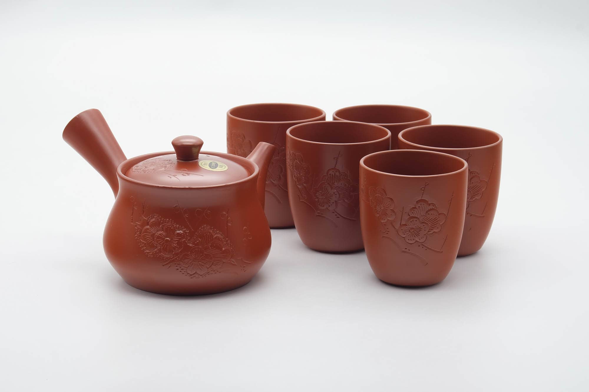 Japanese Tea Set - Floral Engraved Tokoname-yaki Kyusu Teapot and 5 Yunomi Teacups