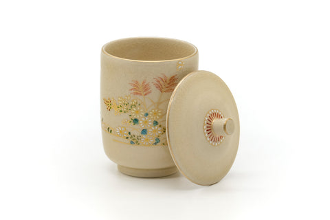 Japanese Teacups - Pair of Floral Kutani Meoto Yunomi