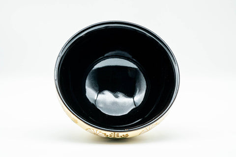 Japanese Matcha Bowl - 貴山 Kiyama - Gold Floral Black Inner-Glazed Kyo-yaki Chawan - 200ml