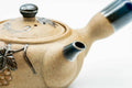 Side view showing the spout and grapevine painting, lid on.