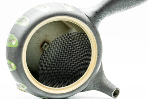 Kyusu with lid removed, revealing the built-in ceramic mesh strainer inside at the spout.