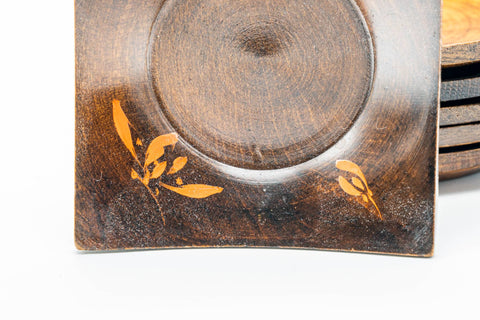 Japanese Chataku - Set of 6 Small Floral Square-shaped Wooden Tea Saucers