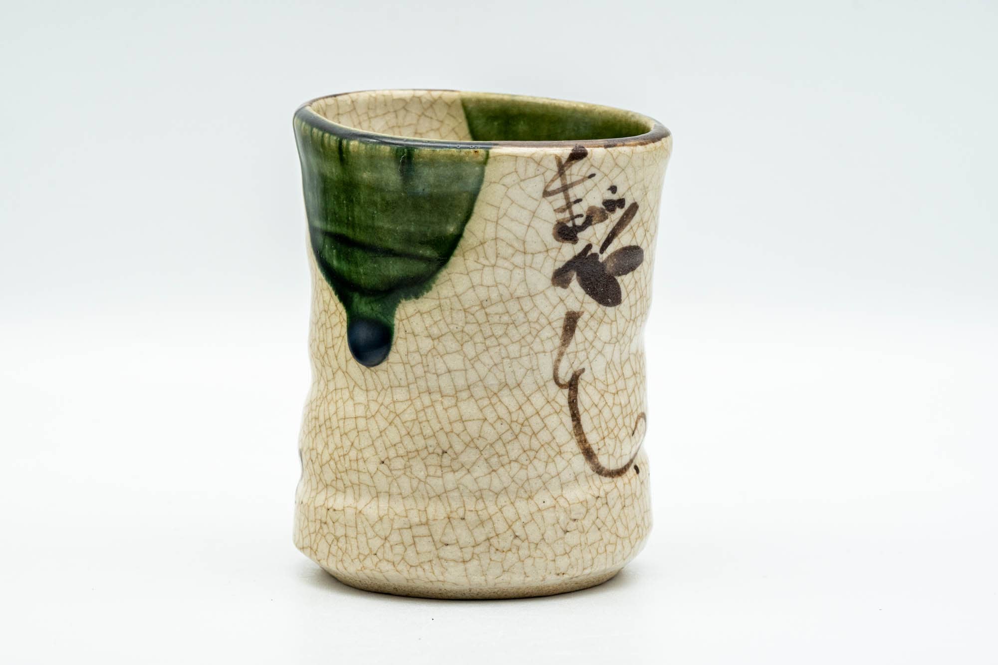 Japanese Teacup - Beige Green Drip-Glazed Floral Oribe-yaki Yunomi - 180ml - Tezumi