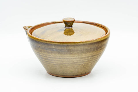 Japanese Tea Set - Green Purple Drip-Glazed Houhin Teapot with Katakuchi Water Cooler and 5 Yunomi Teacups - angled view of the teapot