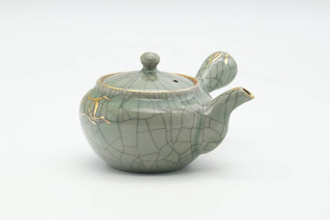 Tezumi — Japanese Kyusu - Golden Horse Green Celadon Glazed Obori Soma-yaki Porcelain Teapot - 200ml — side view with the lid and side handle