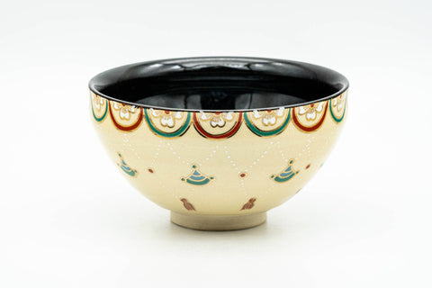 Japanese Matcha Bowl - Sakura Cherry Blossoms Geometric Black Inner-Glazed Kyo-yaki Chawan - 250ml - Tezumi