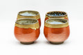 Japanese Tea Set - Red Drip-Glazed Agano-yaki Dobin Teapot and 4 Yunomi Teacups - pair of yunomi teacups side by side, front view