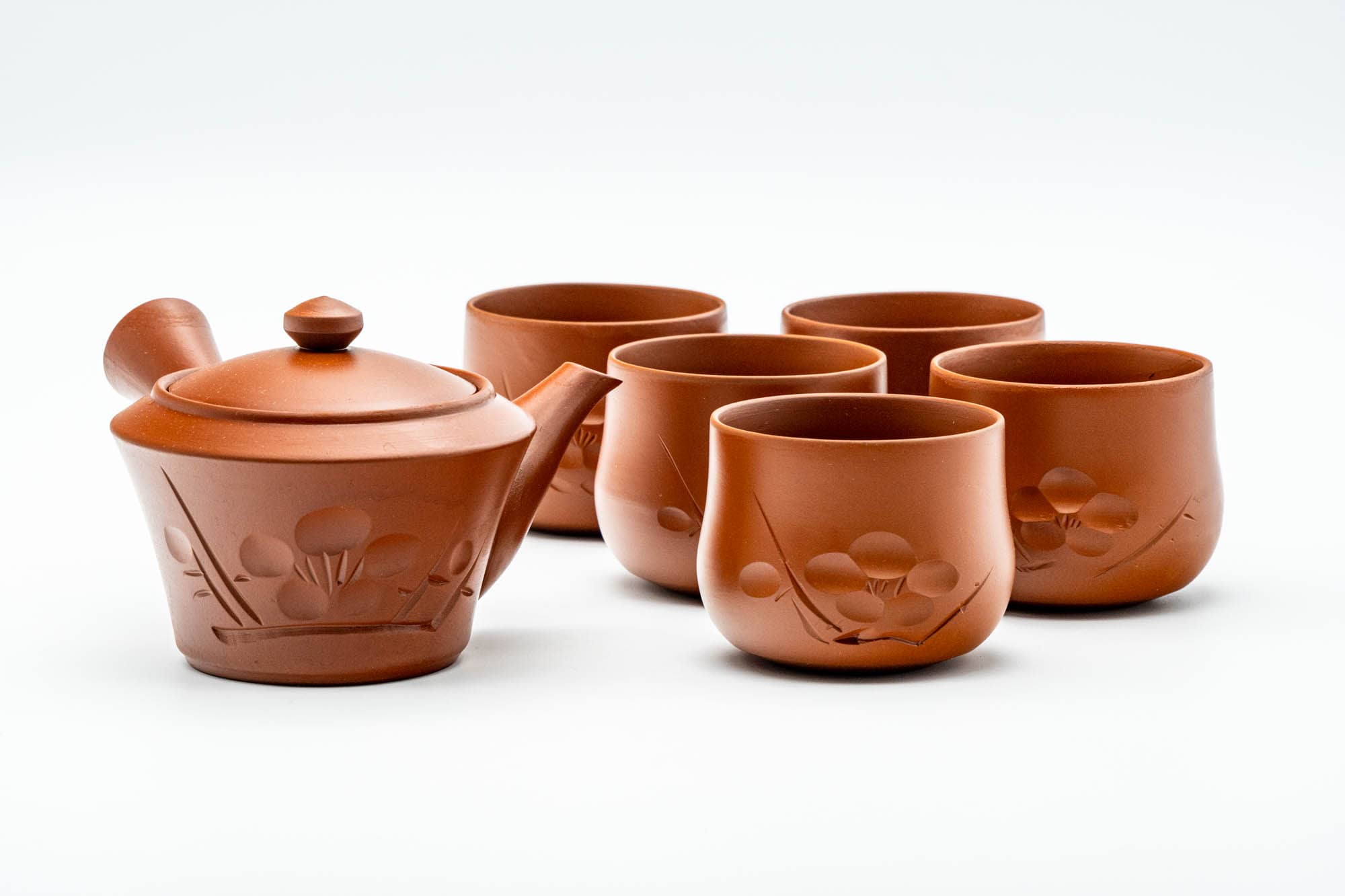 Japanese Tea Set - Floral Engraved Tokoname-yaki Kyusu Teapot with 5 Yunomi Teacups