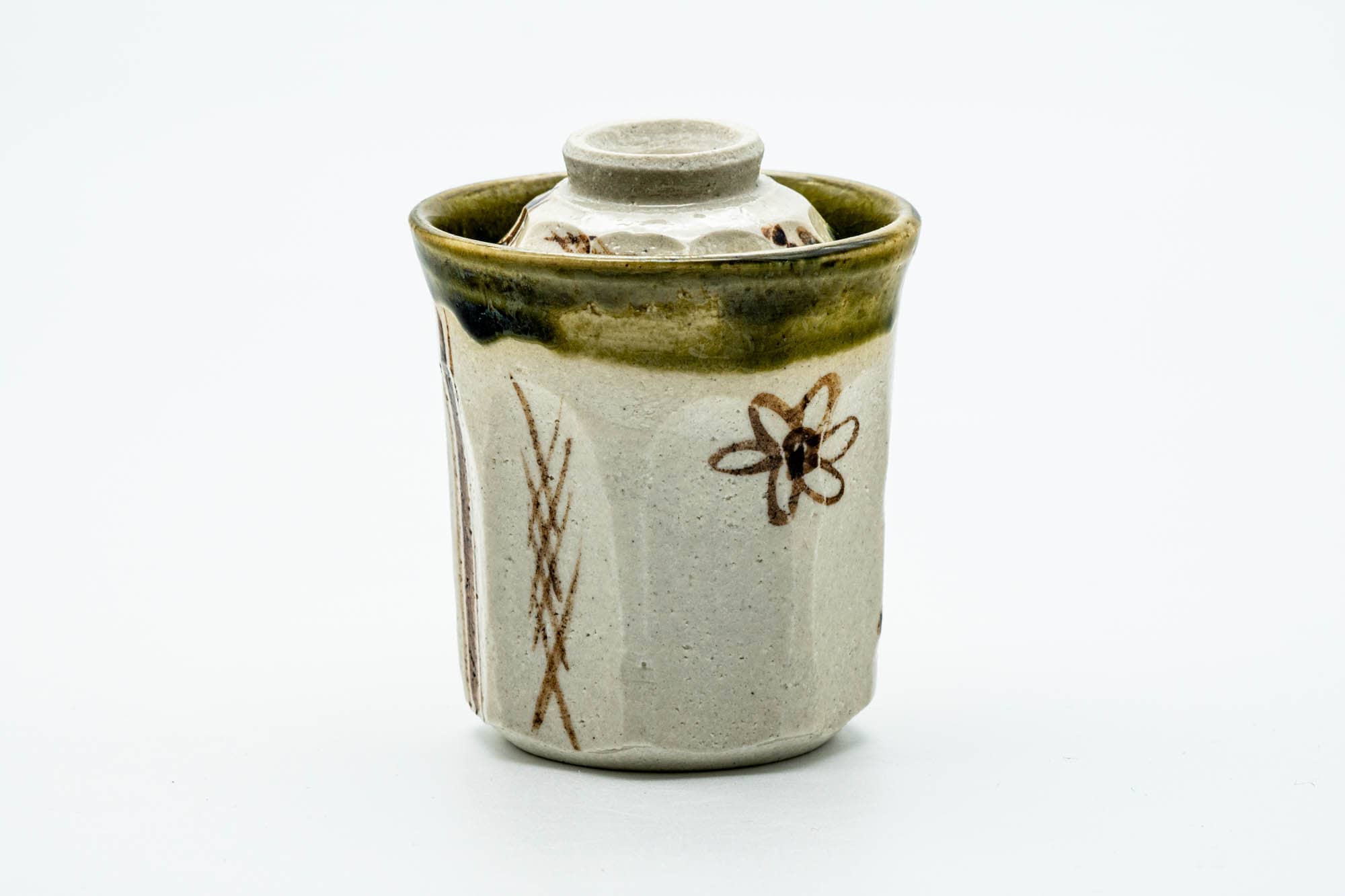 Japanese Teacup - Floral Striped Oribe-yaki Lidded Yunomi - 100ml