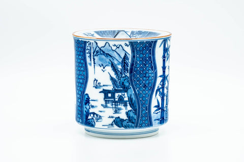 Japanese Mizusashi - Bamboo Geometric Patterned Arita-yaki Fresh Water Jar - 1200ml - side view from a rotated angle