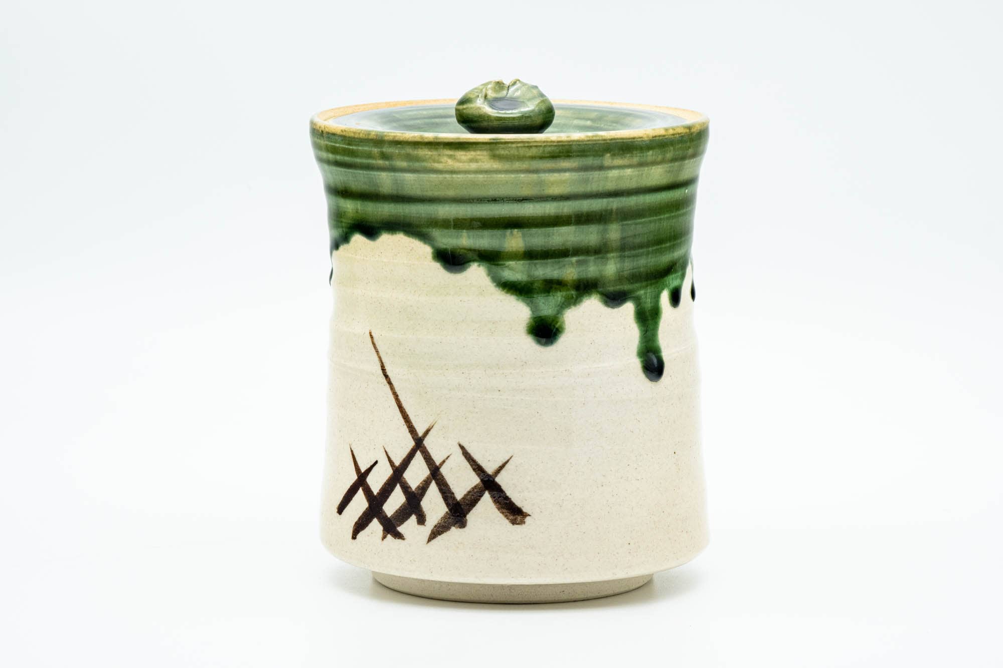 Japanese Mizusashi - Beige Green Drip-Glazed Oribe-yaki Fresh Water Container - 1000ml