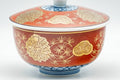 Japanese Teacup - Red, Blue, and Gold Floral Geometric Arita-yaki Lidded Yunomi - 160ml - front view of the lidded teacup