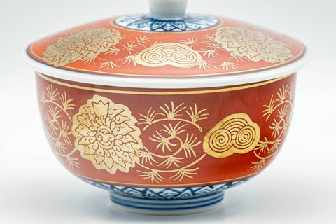 Japanese Teacup - Red, Blue, and Gold Floral Geometric Arita-yaki Lidded Yunomi - 160ml - front view of the lidded teacup