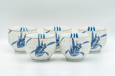 Tezumi — Japanese Tea Set - Blue Floral White Matte Glazed Arita-yaki Debeso Kyusu Teapot and 5 Yunomi Teacups — additional view