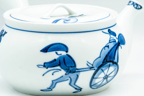 Japanese Kyusu - Blue Rickshaw Lamp Decorated White Porcelain Arita-yaki Debeso Teapot - 400ml