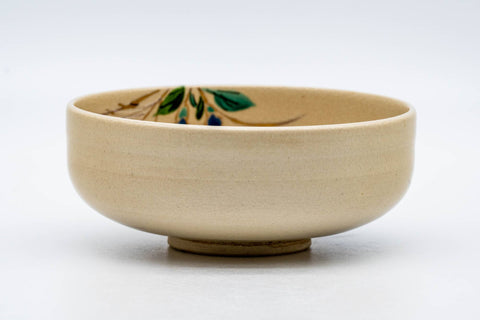 Japanese Matcha Bowl - Beige Blue Floral Kyo-yaki Summer Chawan - 200ml