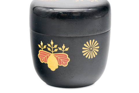 Japanese Natsume - Chrysanthemums Paulownias Black Lacquer Tea Caddy