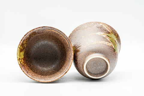 Japanese Teacups - Pair of Green Glazed Brown Textured Yunomi - 125ml