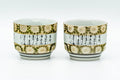 Japanese Tea Set - Gold White Chrysanthemum Kutani-yaki Kyusu Teapot with 2 Yunomi Teacups - the two teacups showing the chrysanthemum pattern