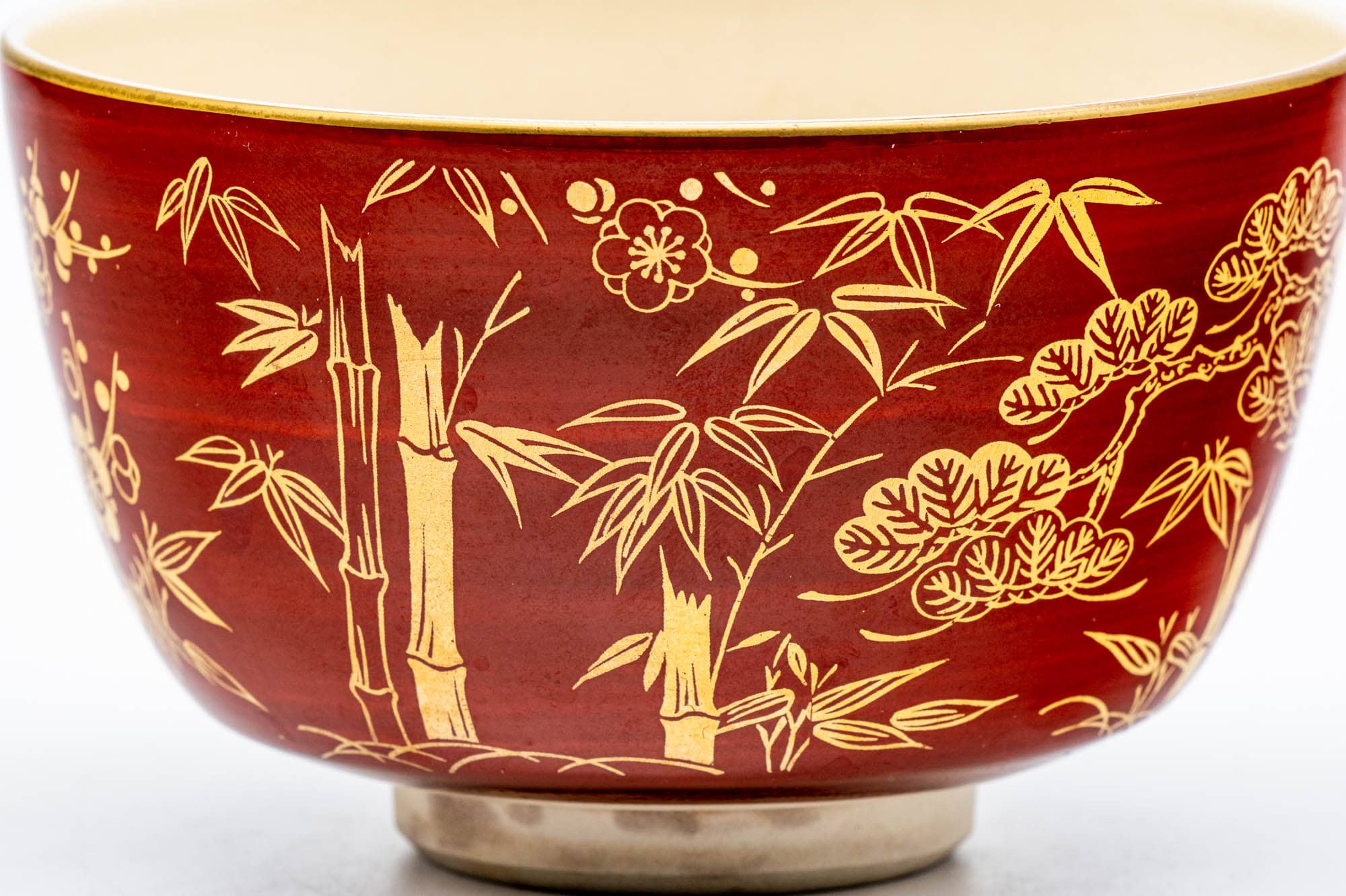 Japanese Matcha Bowl - Bamboo Floral Gold Red Kyo-yaki Chawan - 250ml